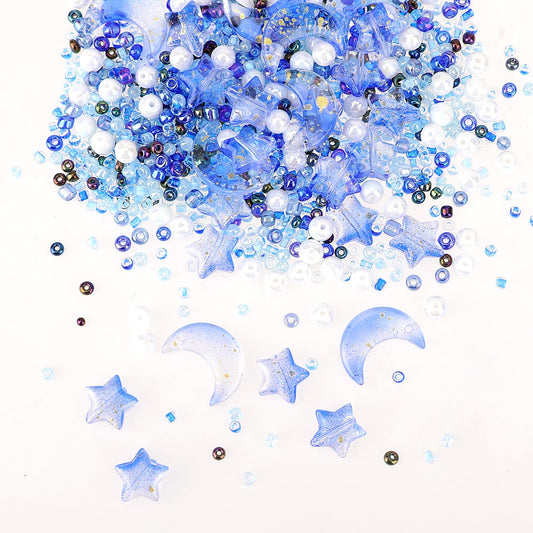 2200Pcs Star Moon Beads Seed Glass Beads for Jewelry Making, Blue Series Acrylic Craft Beads Colored Beads for DIY Craft Bracelets, Pearl Beads Loose Spacer Beads for DIY Crafts