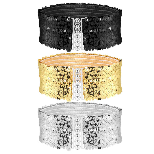 KALIONE 3 Packs Sequin Wide Waist Belt, Elastic Dress Belts for Women, Glitter Stretch Belt for 70s 80s Costume Party, Shiny Disco Belt Waistband Accessories for Women Girls, Gold+Silver+Black