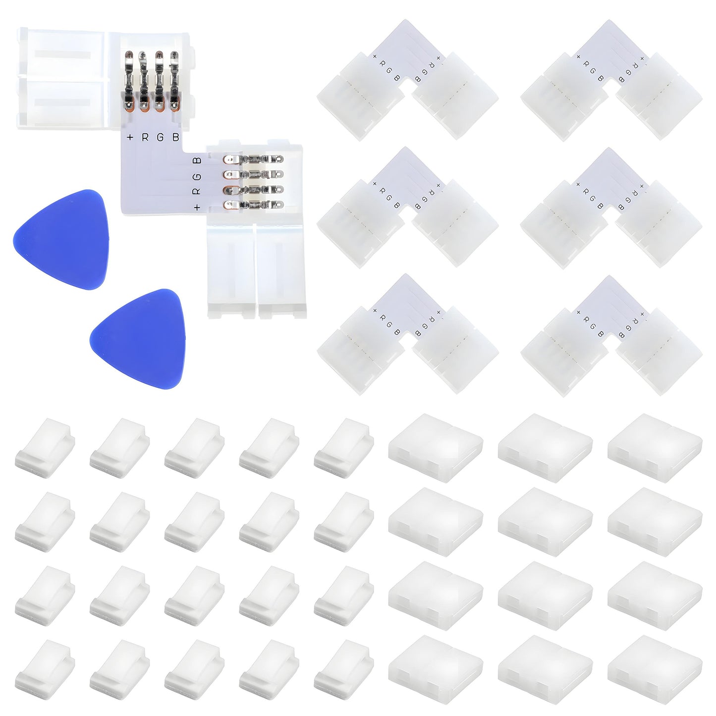 Trinkrittey 40Pcs 4 Pin LED Strip Connectors Kit, 6pcs L Shape Connectors 12pcs Solderless LED Light Connector 20pcs Self-Adhesive Connector Clip for 8mm Wide Light Strip