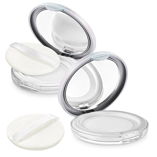 Loose Powder Container, 2 Pcs Travel Powder Compact with Mirror and Puff 3 g/ 0.11 Oz Portable Plastic Reusable Empty Refillable DIY Makeup Powder Puff Case with Elasticated Net Sifter (White)