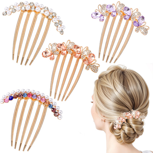 4Pcs French Twist Hair Comb with Pearls, French Hair Comb Fancy Hair Fork Clips Metal Hair Side Combs for Women Buns, Decorative Rhinestones Vintage Styling Combs Updo Hair Pieces for Women Wedding