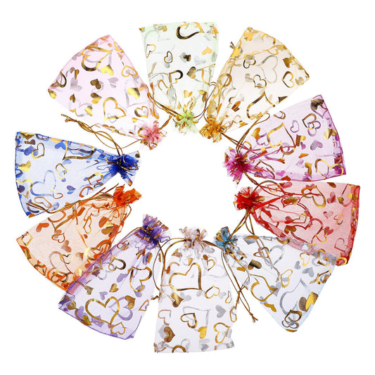 100 PCS Sheer Heart Organza Bags with Drawstring, 4x6 Inch Mother's Day Mesh Bags Organza Jewelry Bags, Favor Pouches Candy Bags Sheer Gift Bags with Drawstring for Wedding Party Gift Bag 10 Color