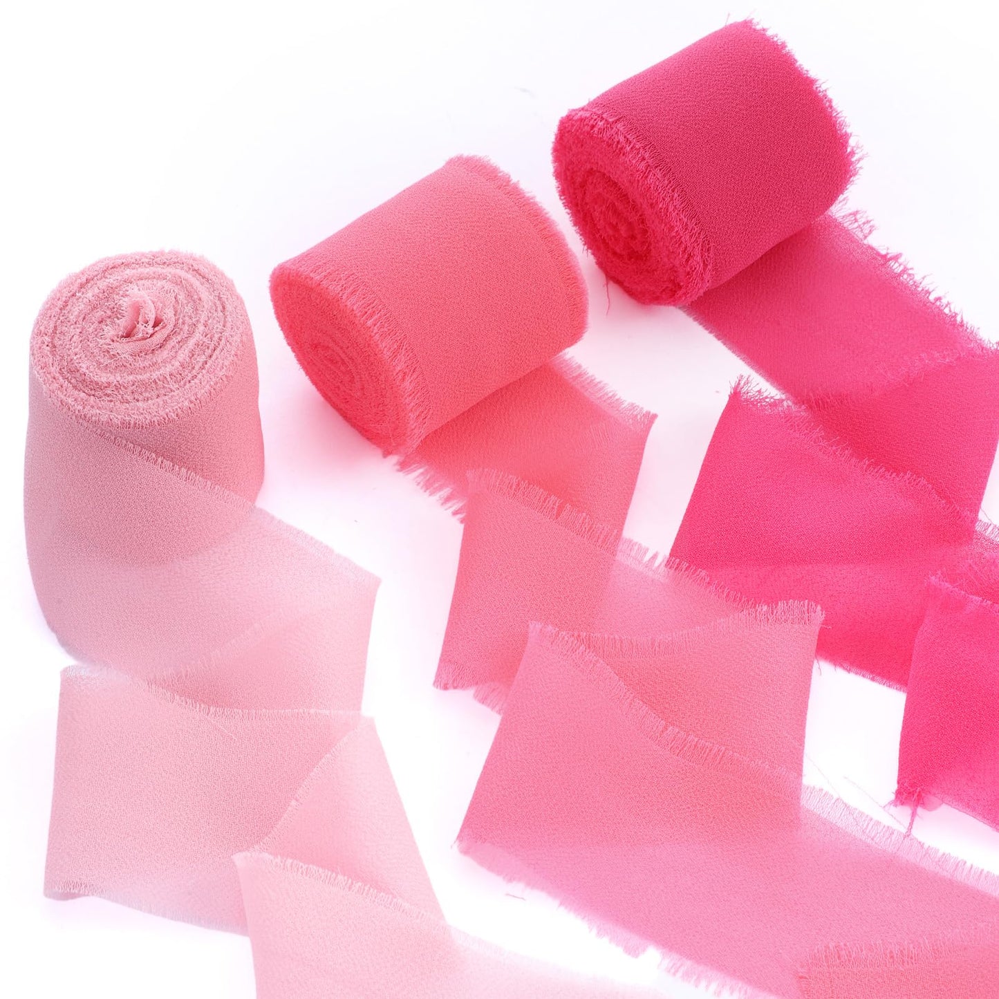 3 Roll Pink Chiffon Ribbon 1.5''x16Yd Frayed Edge Silk Ribbons