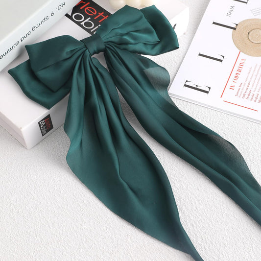 Green Hair Bow, Silky Satin Bow Hair Clip for Women Large Size Bowknot with Metal Spring Clip Oversized Long Tail Hair Ribbons Ponytail Holder French Barrettes Hair Accessory for Girls Headpiece