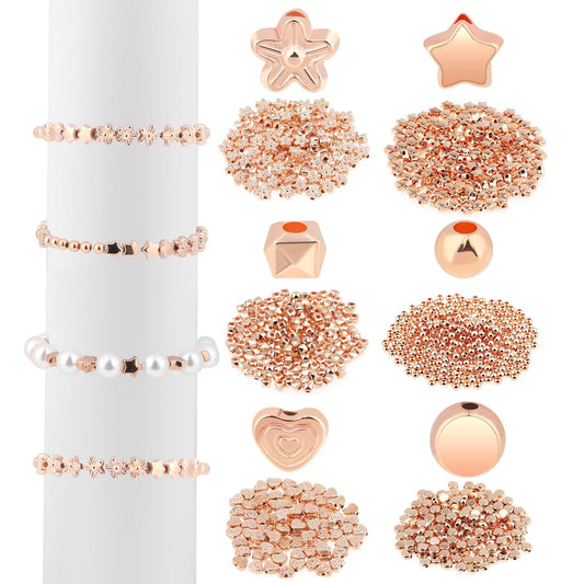 1200PCS Rose Gold Spacer Beads Bracelet Making Kit 6 Styles Include Star Beads Round Ball Spacer Beads Rondelle Faceted Heart Beads Rose Gold Loose Beads for DIY Bracelet Jewelry Craft Making