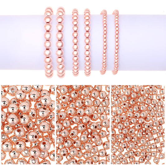 1200Pcs Round Beaded Spacer Beads Gold Beads for Bracelets Gold Spacer Beads Seamless Smooth Loose Ball Beads for Stackable Bracelet Jewelry Craft Making, 8 mm, 6 mm, 4 mm (Rose Gold)