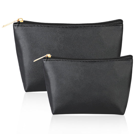 2 Pack Black Small Makeup Bag Pouch for Handbag, Waterproof Small Cosmetic Bags for Purse, PU Leather Travel Zipper Cosmetic Pounches, Toiletry Bag for Women Girls