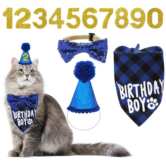 Cat Birthday Party Supplies Breakaway Plaid Cat Birthday Boy Bandana Collar with Bow Tie Cat Kitten Birthday Hat Birthday Number Cat Birthday Outfits Decorations for Cat Kitten