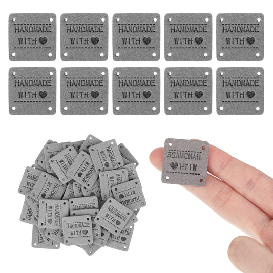 40PCS PU Handmade Label Handmade Leather Labels Faux Leather Handmade Sew on Tag Label Hand Made Embossed Tags with Holes Embellishment Crochet Knit DIY Jeans Bags Shoes Hat, 2.5x2.5cm