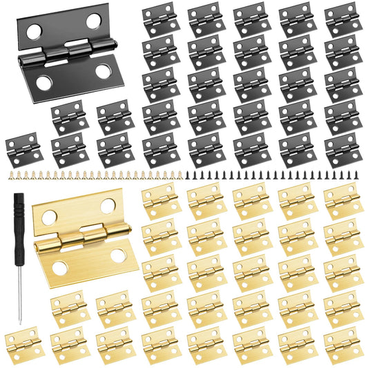 salbsever Antique Mini Hinges, 60 Pcs Iron, Bronze and Gold, 18*15mm, Folding Butt Hinges with Screws and Screwdriver for Crafts, Dolls House, Wooden Jewelry Box Cabinet Drawer