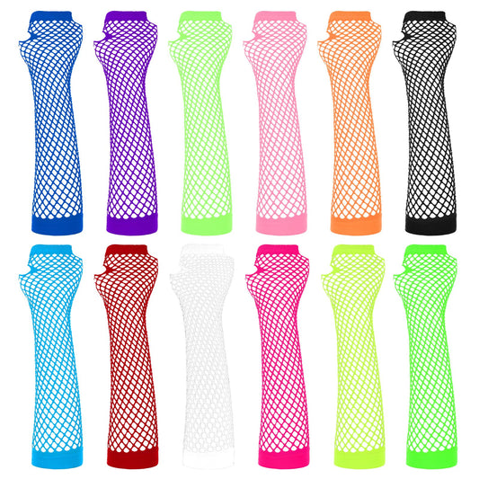 12 Pairs Neon Fishnet Gloves Long Fingerless Fishnet Arm Sleeves for Cosplay Halloween Party Scene Clothes for Women and Girls 80s Party Costume Accessories Supplies (12 Colors)