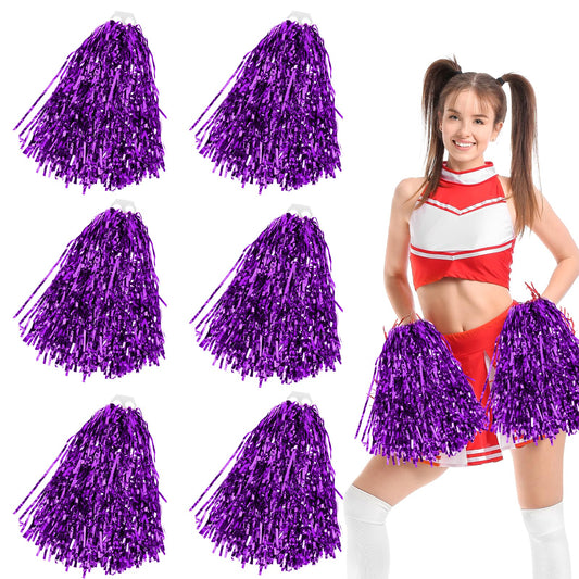 KALIONE 6 Pack Cheerleading Pom Poms with Handle Cheerleader Pompoms Metallic Foil Pompoms for Sports Team Spirit Cheering Party Dance(Purple)