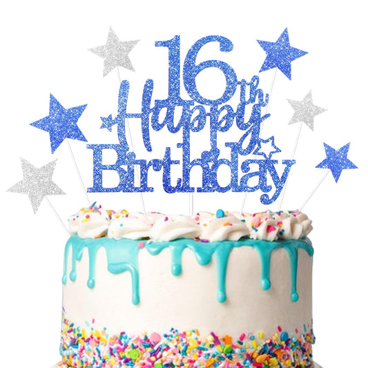 16th Birthday Cake Topper 16th Cake Topper 16 Glitter Cake Topper, Teenager Birthday Cake Pick 16 Years Old Blue Topper for Cake, 16 Happy Birthday Party Decoration Supplies(7 Pcs/Set)