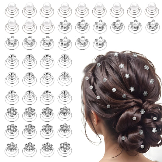 48 Pcs Pearl Rhinestone Crystal Twisters Spiral Set Gems Rhinestone Twister Hair Studs Bridal Rhinestone Gems Hair Pins Silver Coil for Wedding Prom Bridal Party and Special Occasion