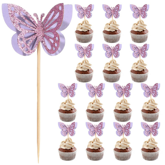 48Pcs Purple Butterfly Cupcake Toppers Glitter Butterfly Cupcake Toppers 3D Double Layers Cupcake Topper Stand Food Picks Cupcake Decorations Purple for Butterfly Theme Birthday Party Wedding Supplies
