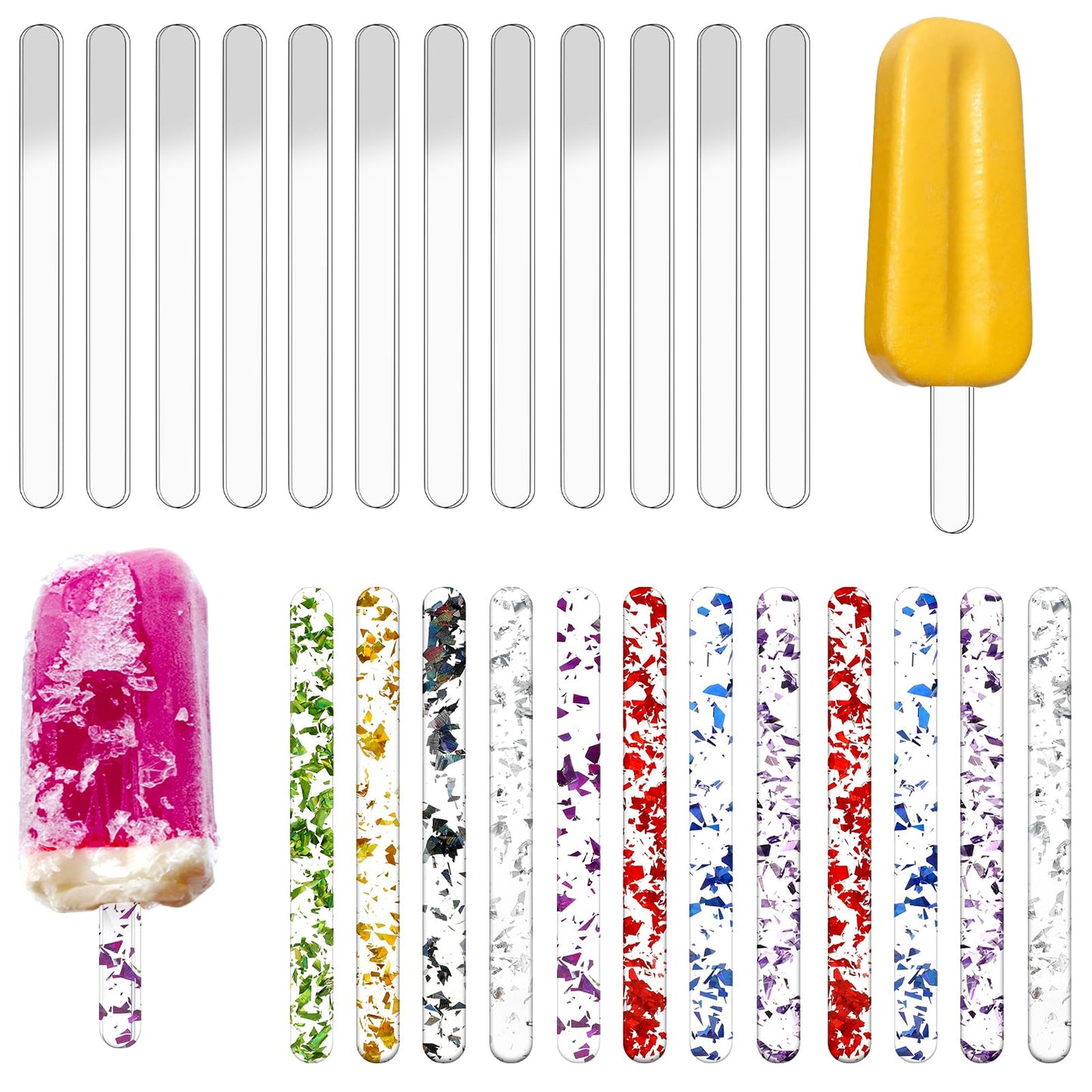 Ice Cream Sticks, 30pcs 4.5 Inch Acrylic Sticks, Reusable Ice Cream Sticks, Cake Molds, Mini Ice Cream Sticks, Cake Sticks, for Homemade Ice Cream, Cakes, DIY Art (Transparent+Colorful Colors)