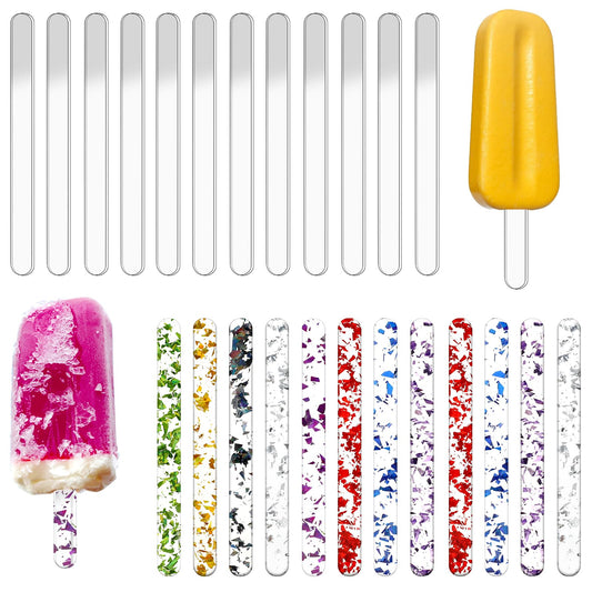 Ice Cream Sticks, 30pcs 4.5 Inch Acrylic Sticks, Reusable Ice Cream Sticks, Cake Molds, Mini Ice Cream Sticks, Cake Sticks, for Homemade Ice Cream, Cakes, DIY Art (Transparent+Colorful Colors)