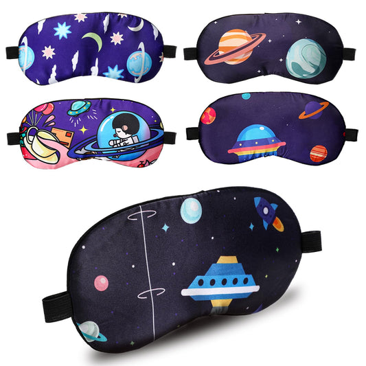 Cute Sleeping Mask for Kids, 5 Pcs Cartoon Pattern Print Silk Eye Masks with Adjustable Strap Space Theme Sleep Mask, Soft, Fluffy, Comfortable, Breathable