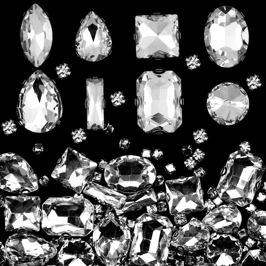 240 PCS Large Sew on Rhinestones Clear Glass Crystal Gems Stone Metal Flatback Prong Setting Crafts for Crafts, Dress Embellishments Rhinestone Stones for DIY Craft Shoes Jewelry Making, Mix Shapes