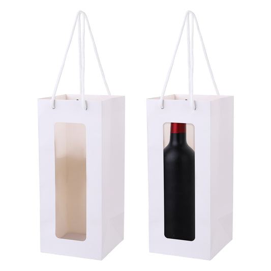 2 Pcs Wine Bags for Gift White Kraft Wine Bottle Bags Reusable Wine Gift Bags with Clear Window and Handles for New Year Christmas Thanksgiving Birthday Anniversary Party Wedding