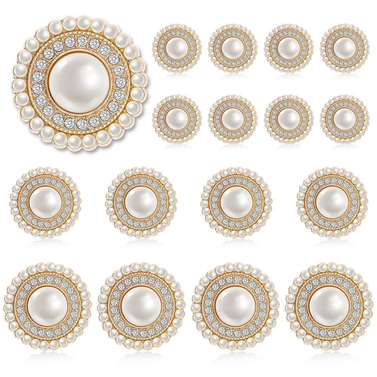 KALIONE 16 Pieces Faux Rhinestone Pearl Buttons Retro Metal Diamante Buttons Vintage Sew on Clothing Buttons 3 Sizes Round Flatback Crystal Pearl Buttons Embellishments for DIY Crafts Sewing(Gold)