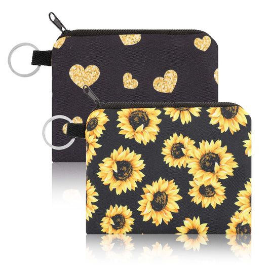 2 Pcs Small Coin Purse for Women, Fabric Canvas Coin Purse Pouch, Sunflowers Fabric Coin Purse Small Coin Pouch with Key Ring, Zipper Heart Coin Bag, Travel Portable Keychain Wallet (Black)
