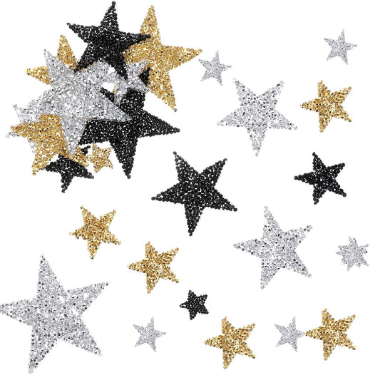 24pcs Silver Star Iron on Patches, Gold Glitter Star Iron on Patches, Black Adhesive Applique Hot Glue Rhinestone Stars Patches for Clothing Jeans Hats Shoes Bags Repair Decoration (2/4/6/8 cm)