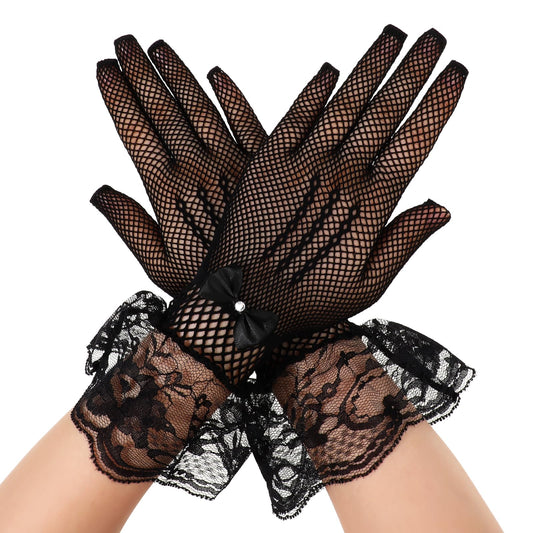 Styquenzer 1 Pair Lace Gloves Women's Short Fishnet Gloves Wednesday Costume Lace Gloves Black Vintage Bridal Wedding Gloves Costume Accessory for Dinner Party Tea Party Masquerade, black, One size