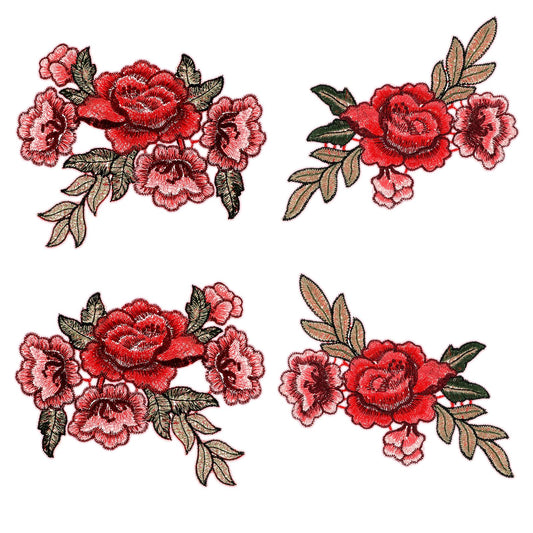 4 Pcs Red Sew on Flowers Peony Patch Flower Embroidered Applique 2 Styles Rose Flower Appliques for Clothing Boho Embroidery Patch Flower for Shirts Jeans Hats Skirts Sweater Craft Making (Red)