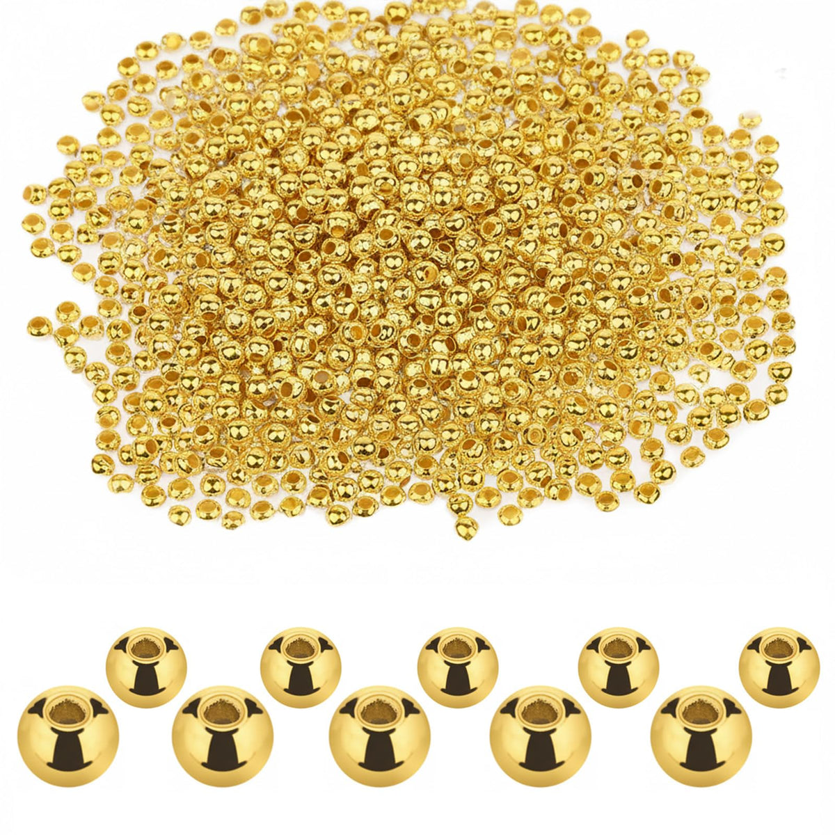Golden Spacer Beads, 2.4mm 3.2mm Metal Loose Ball with Hole (1400Pcs)