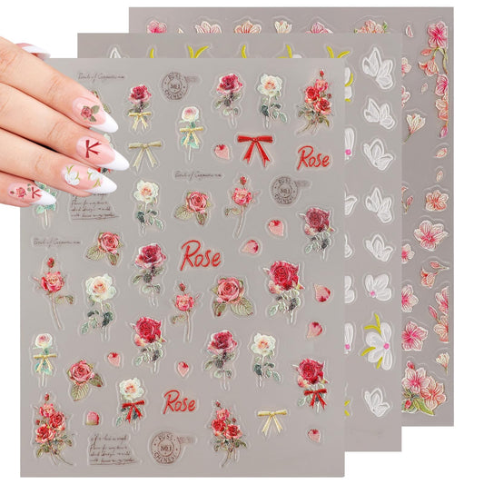 3D Embossed Flower Leaves Nail Art Stickers Decals Embossed Nail Art Stickers Rose Flower Stickers for Nails Spring Retro Nail Stickers White Flowers Nail Stickers Accessories(3 Sheets)