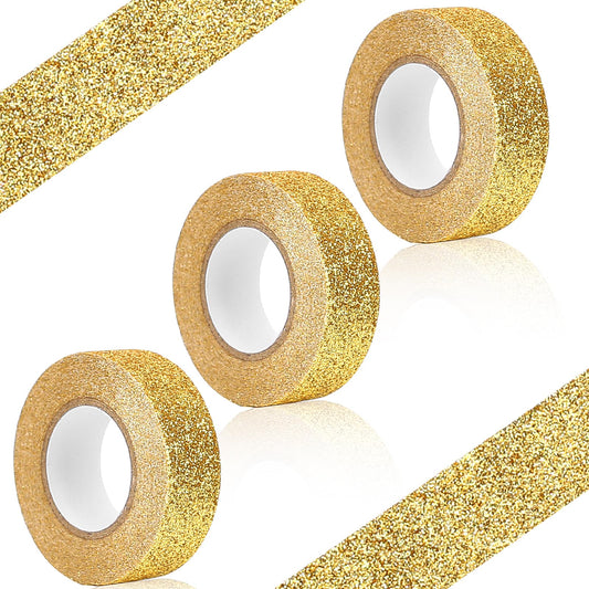 Glitter Washi Tape 3 Rolls Sparkling Decorative Tapes Golden Glitter Washi Tape Craft Self Adhesive Masking Tape Stick on Sticky Glitter Trim for Craft, Kids, Scrapbook, DIY, Gift Wrapping, 15mm