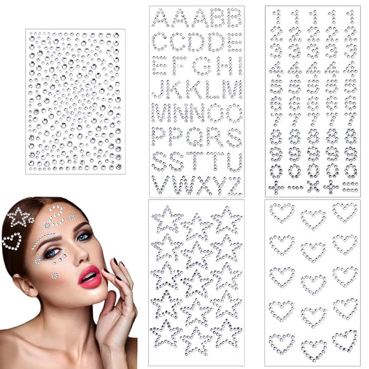 450 PCS Hair Face Gems, Self Adhesive 3D Heart Numbers Letters Star Rhinestone Stickers, Body Rhinestone Letter Stickers, Face Jewels Stickers for Women Festival Accessory and Nail Art Decorations