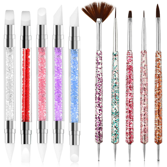 10 Pcs Nail Art Brushes, Dual Head Silicone Nail Art Brush, Dual Head Manicure Carving Pen, Dotting Tool, Nail Polish Brush, Nail Art Design Pen Painting Tools for Nail Art Design, Painting, Detailing
