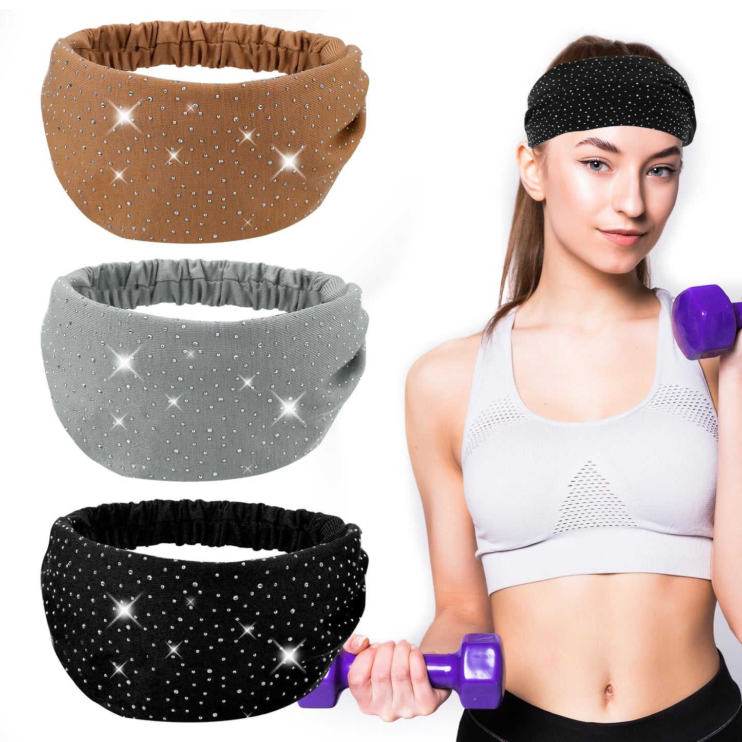 Stretchy Wide Headband for Women, 3 Pcs Elastic Rhinestone Head Scarf Bling Turban African Head Wraps Non Slip Sport Hair Bands Sparkle Sequin Hair Wraps with Crystal Decor for Gym Yoga Exercise