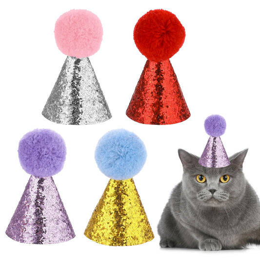 Dog Birthday Hat Set, 4 Pieces Cat Birthday Hat Dog Party Hats Cute Puppy Hats with Pompons Adjustable Charm Headbands Fun Mini Pet Party Hat Accessories for Pets Kittens Dogs Party Decorations