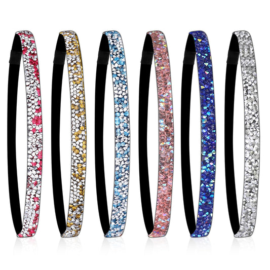 Elastic Headbands for Women, 6 Pieces Glitter Sequin Headbands Non-slip Shiny Rhinestone Headband Adjustable Size Sparkly Headband Fabric Hairband for Sports, Yoga, Hair Accessoris for Girls
