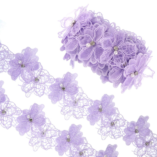 2 Yards 3D Flower Lace Trim, Double Lace Floral Trim Ribbon with Pearl Rhinestone Fabric, Embroidered Applique Sewing Craft for Sewing Crafts Wedding Clothes Party Decor (Purple)