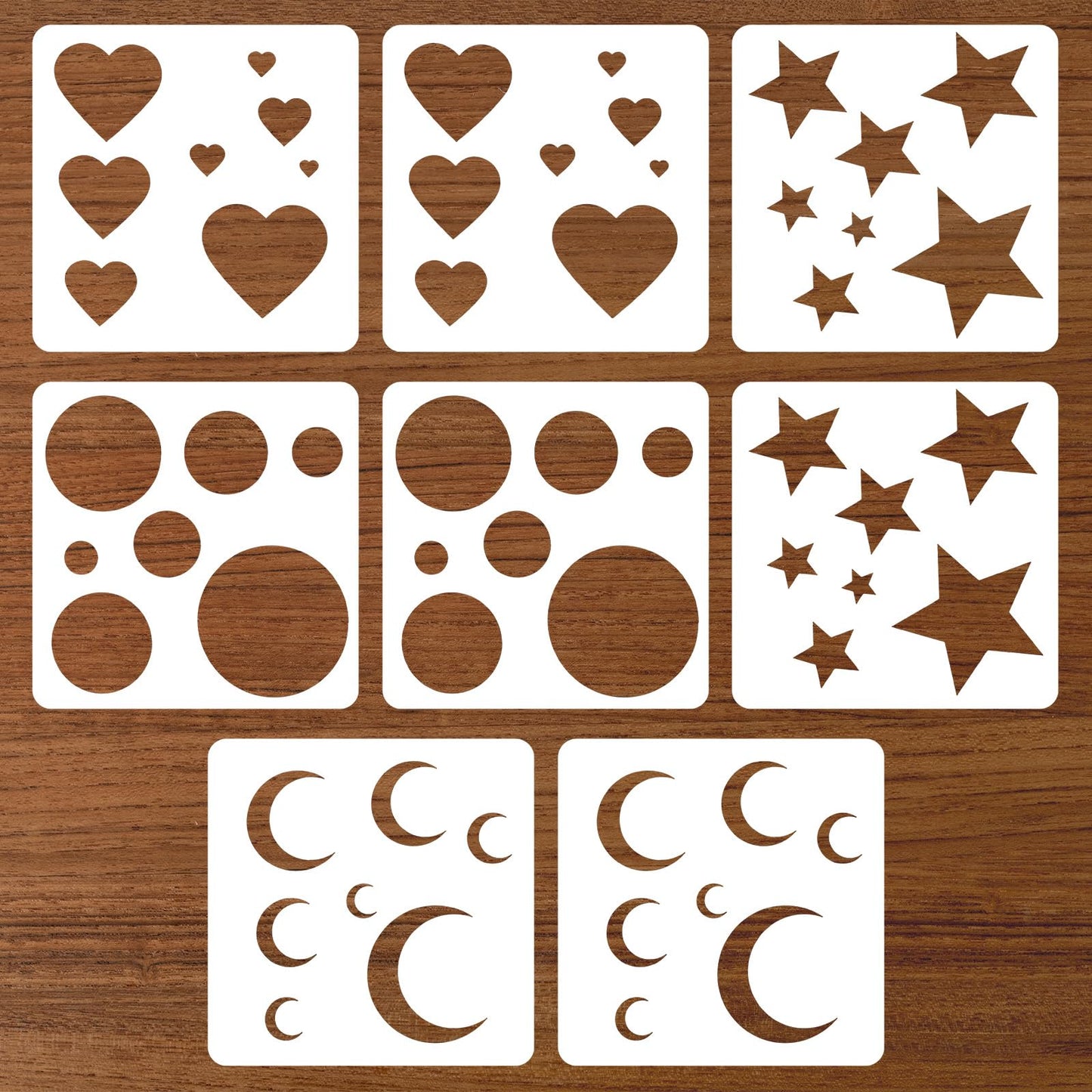 8Pcs Moon and Star Stencil, Moon Star Heart and Circle Stencils for Painting, Small Reusable Plastic Art Craft Templates for Fabric Walls, Arts, Wood, Paper, Home Decoration DIY Craft Projects