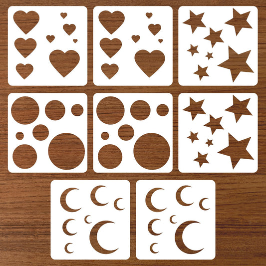 8Pcs Moon and Star Stencil, Moon Star Heart and Circle Stencils for Painting, Small Reusable Plastic Art Craft Templates for Fabric Walls, Arts, Wood, Paper, Home Decoration DIY Craft Projects