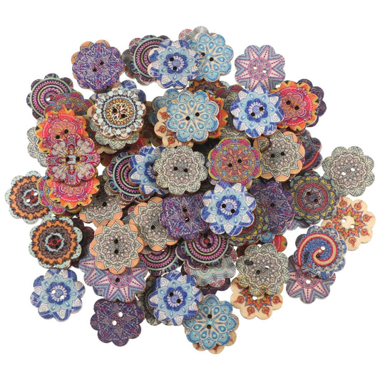 100 Pcs Buttons for Crafting, Vintage Wooden Flower Shaped Buttons Bulk Antique Wooden Button 2 Holes Assorted Color Natural Wood Button for Men Women Sewing Knitting Crafts Clothes