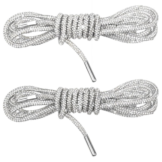 Pack of 2 Rhinestone Shoelaces, Glitter Shoelaces, Round Rope Laces, Silver Glitter Shoelaces, Hoodie, Clothing Accessories, Replacement Rope Shoelaces for Shoelaces Accessories, Trainers, Running
