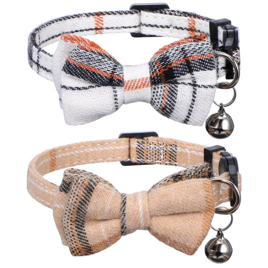 2PCS Breakaway Cat Collars, Bow Tie Cat Collar with Bells, Cute Bowtie Plaid Collars with Buckle, Soft Adjustable Kitten Accessories for Indoor Cats, Puppy and Small Pets