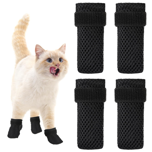 KALIONE Cat Boots, 4 Packs cat claw covers, Black Anti Scratch Cat Mittens, Breathable Mesh Cat Foot Covers, Adjustable Cat Claw Protectors for Indoor Cats Pet Bathing Cutting Nails