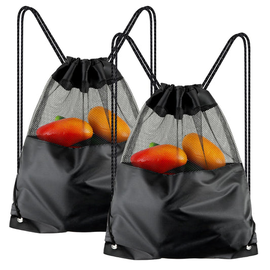 Mozeat Lens 2 Pack Black Nylon Mesh Drawstring Bag Backpack Small Gym Sports Ball Bag Mesh Draw String Bag for Gym, Laundry, Beach, Clothes, Shoes, Travel, Swimming