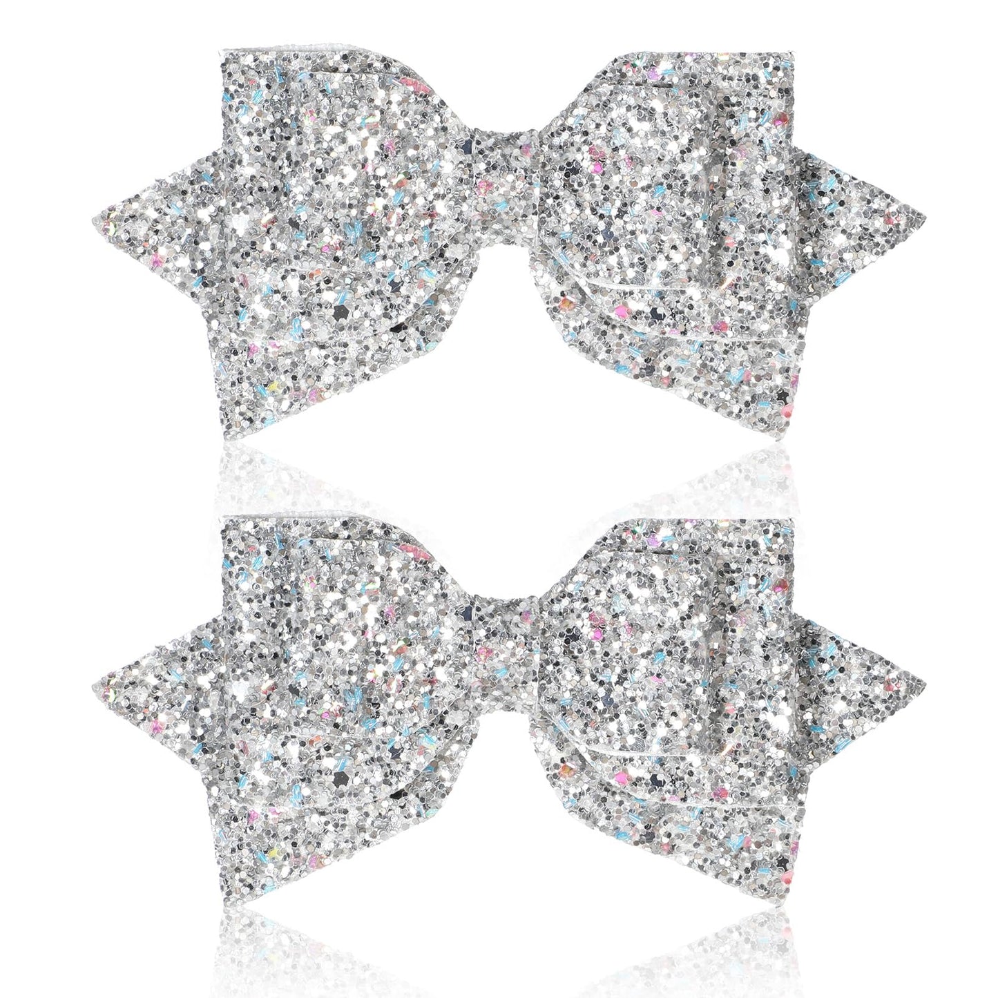 2 Pcs Silver Hair Bow Clips, 5 Inch Glitter Hair Bows for Girls Sparkly Double Bowed Accessories Glitter Sequin Boutique Head Clip Delicate Satin Headwear for Birthday Wedding Party Back School Gift
