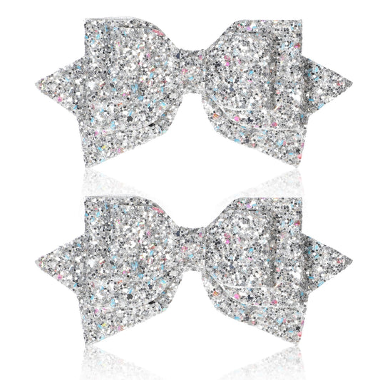 2 Pcs Silver Hair Bow Clips, 5 Inch Glitter Hair Bows for Girls Sparkly Double Bowed Accessories Glitter Sequin Boutique Head Clip Delicate Satin Headwear for Birthday Wedding Party Back School Gift