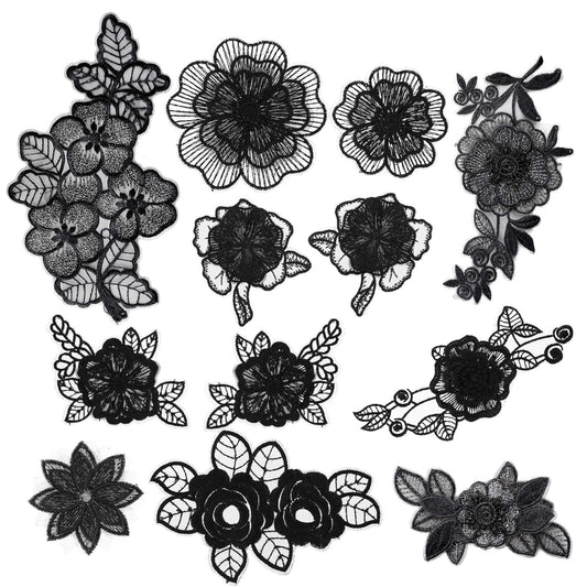 12 PCS Flower Applique Black Lace Embroidered Flower Patches for Clothes 3D Floral Sew On Patches for Women's Dress Jeans Sweater Hats Shoes Bags Clothes Repairing Decorating Wedding DIY Sewing Craft