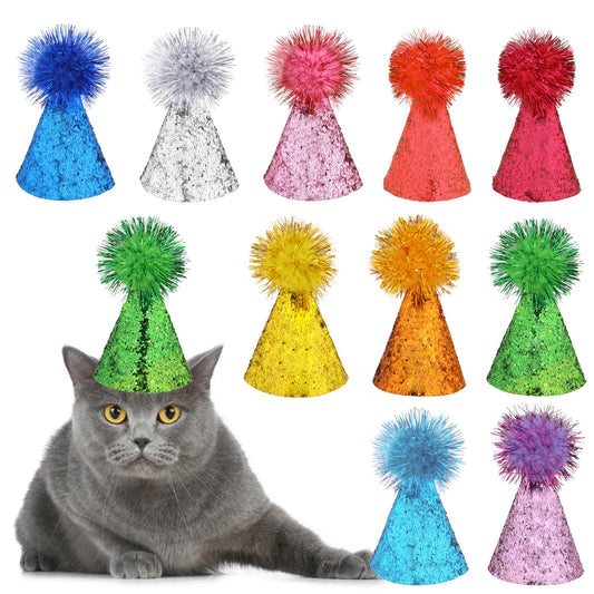 KALIONE 10 Packs Cat Birthday Hats, Dog Party Hats, Multi-Color Cat Hats, Mini Party Hats, Cute Puppy Hats with Pompons, Adjustable Headbands Birthday Hats for Dogs Kittens Rabbits Animals Friends, M