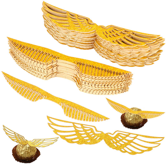 100 PCS Golden Glitter Wings Cake Toppers Wizard Party Chocolate Decoration Gold Snitch Wings Hollowed Wings Cupcake Toppers for Wizard Theme Party Anniversary Birthday Wedding, 2 Style